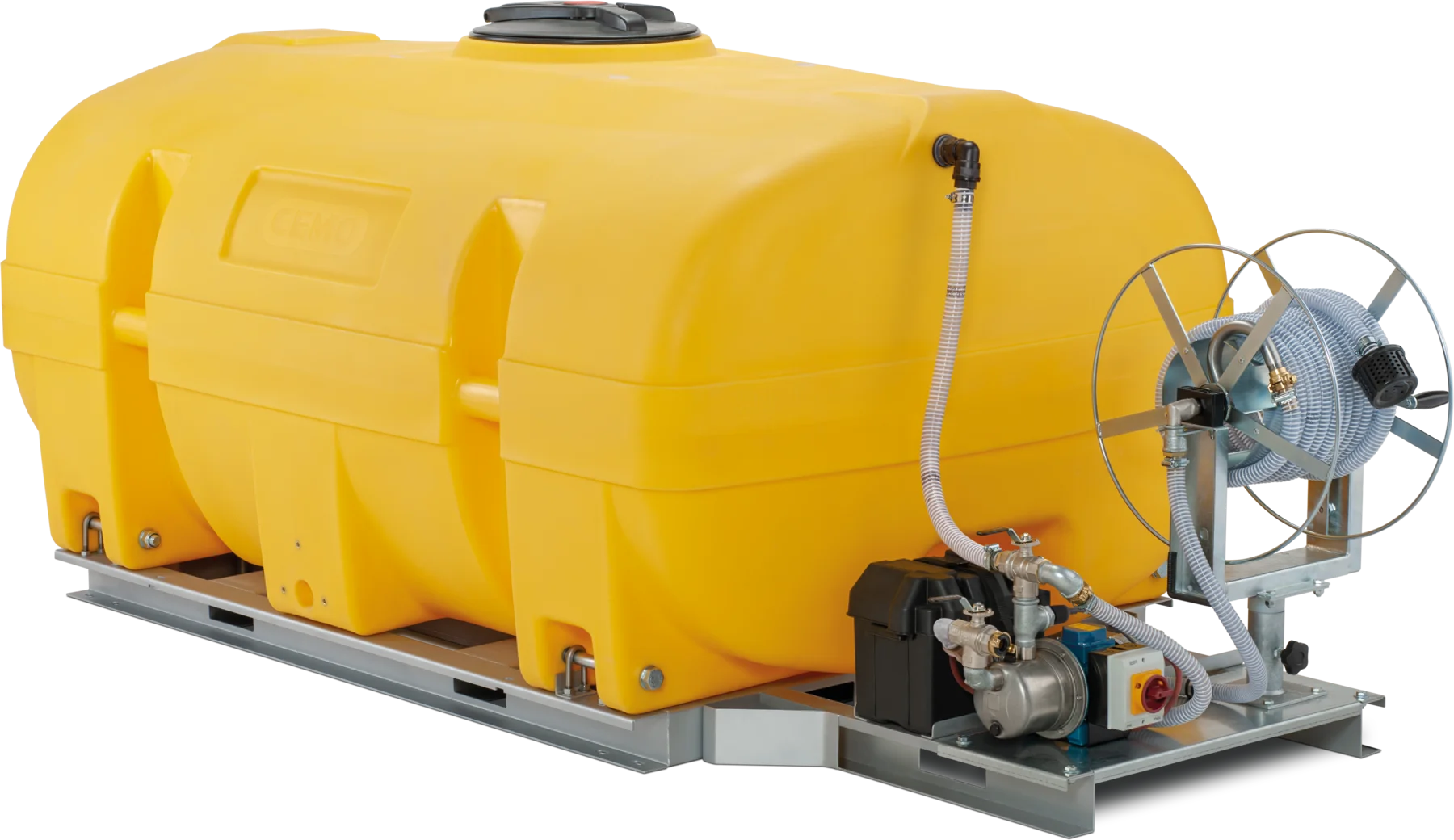 CEMO BWS 130 mobile PE irrigation system with electric pump and baffle, 5000 L, 60 L/min (max.), yellow, with lockable lid, dome centre: 380 mm